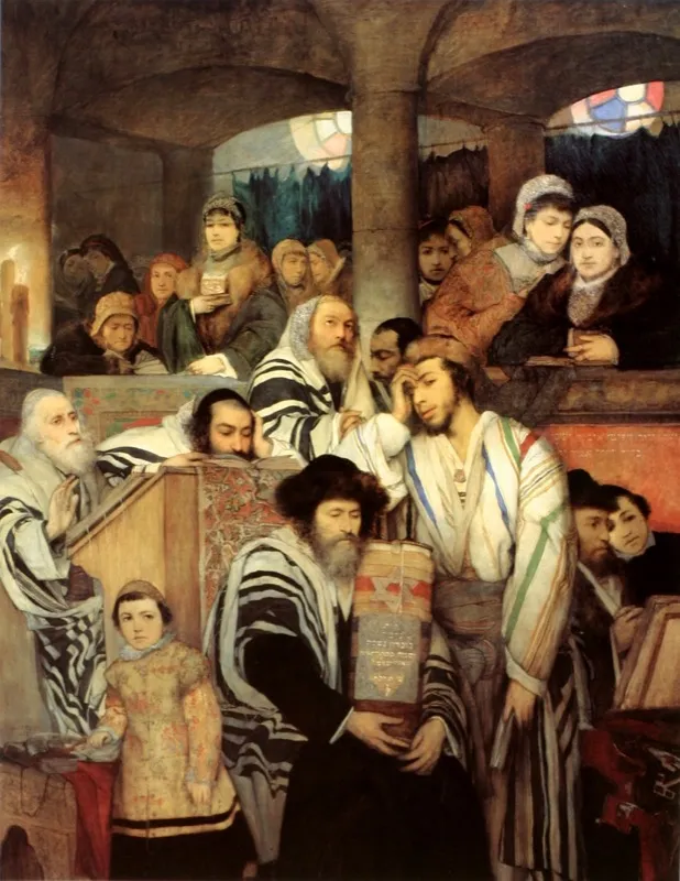 Jews praying in a synagogue, painting by Maurycy Gottlieb