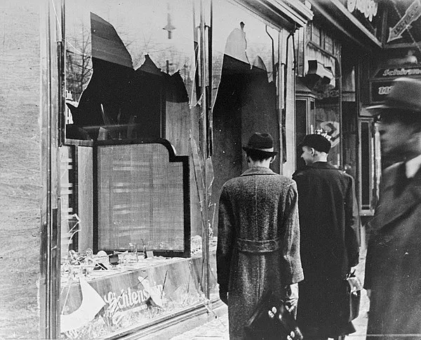 Damage from Kristallnacht, the Night of Broken Glass, in November 1938