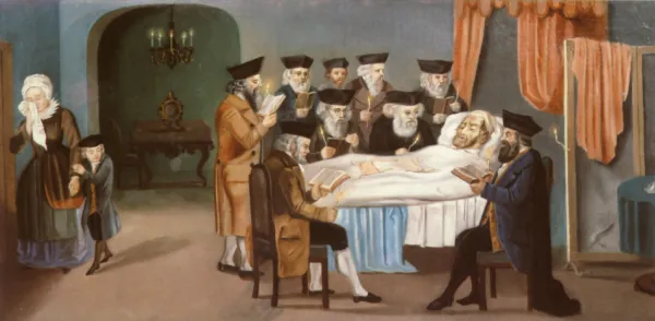 A historical painting showing members of a Jewish burial society — the chevra kadisha — who prepare the deceased for burial