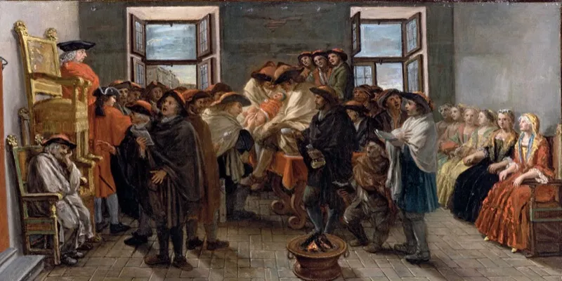 A painting of a brit milah ceremony by Marco Marcuola, Venice, circa 1870