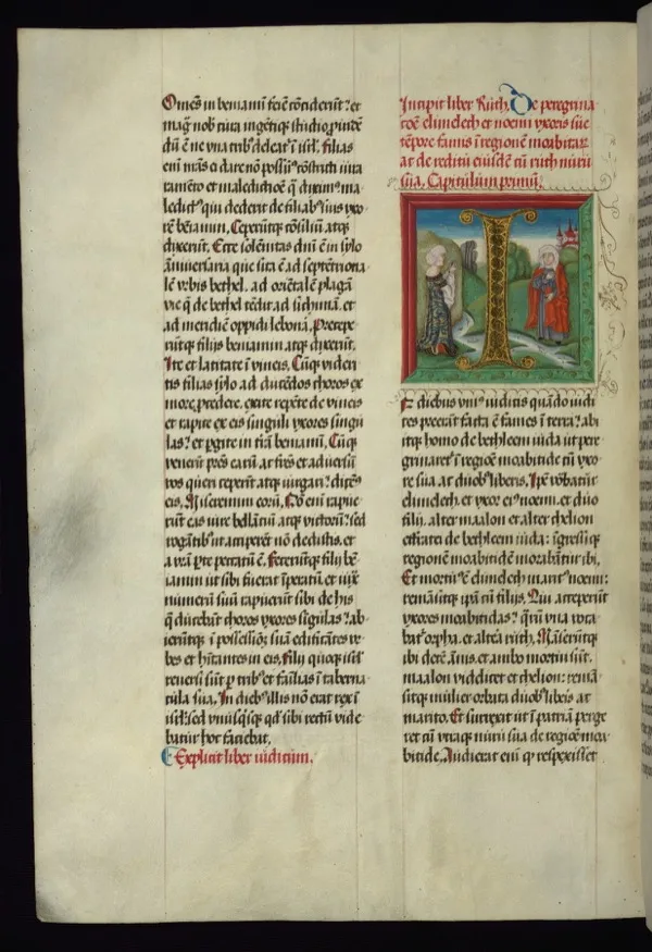 Illuminated medieval manuscript depicting Ruth and Naomi from the Book of Ruth