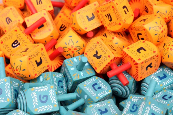 Colorful dreidels, the spinning tops played during Hanukkah