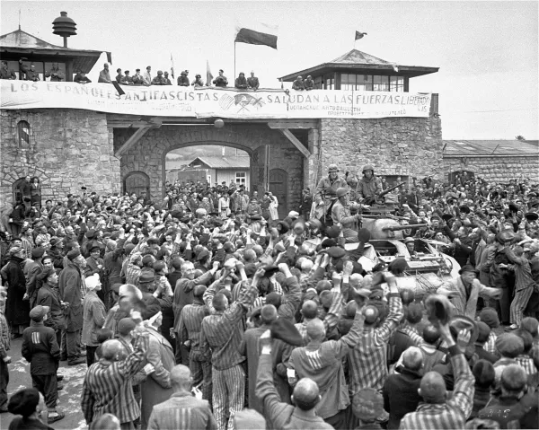 Holocaust survivors at the moment of liberation at Mauthausen concentration camp, 1945