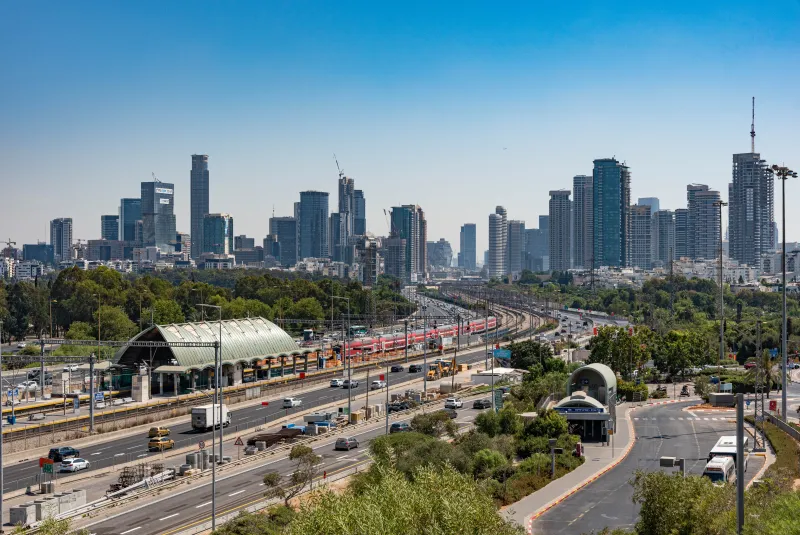 The Tel Aviv skyline with modern tech company buildings