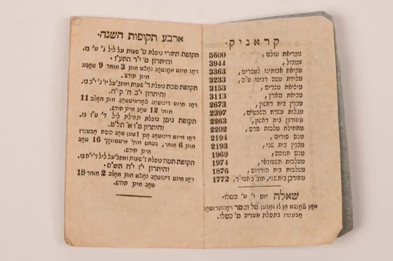 A printed Hebrew calendar from 1840, showing the Jewish year layout