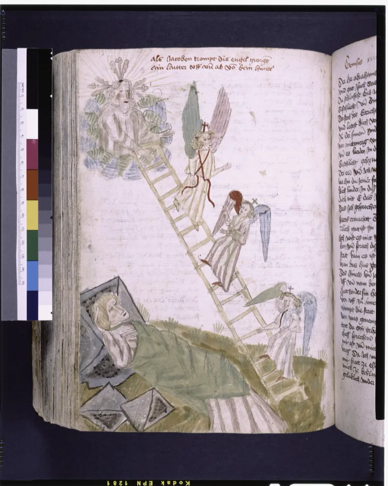 Starry night sky over a sleeping figure, evoking biblical dream visions