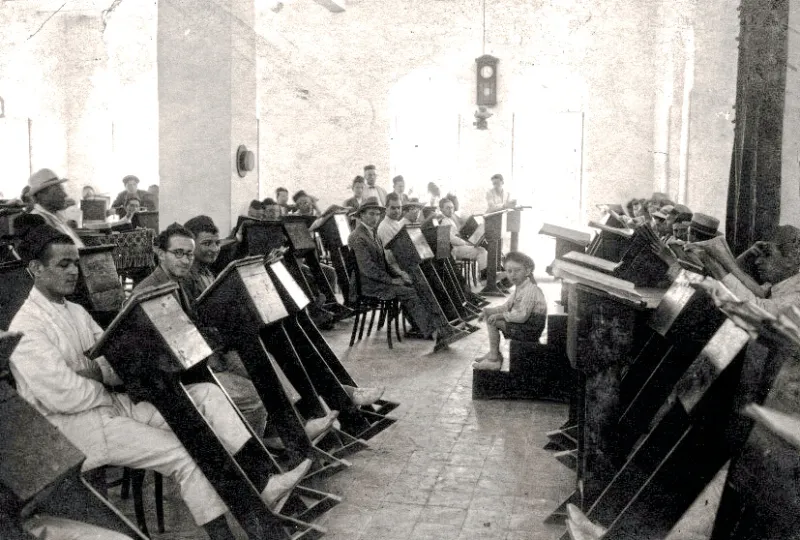 Students studying Jewish texts in a traditional yeshiva setting