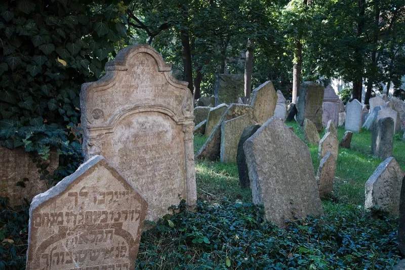 The Old Jewish Cemetery in Josefov, Prague, with densely packed headstones