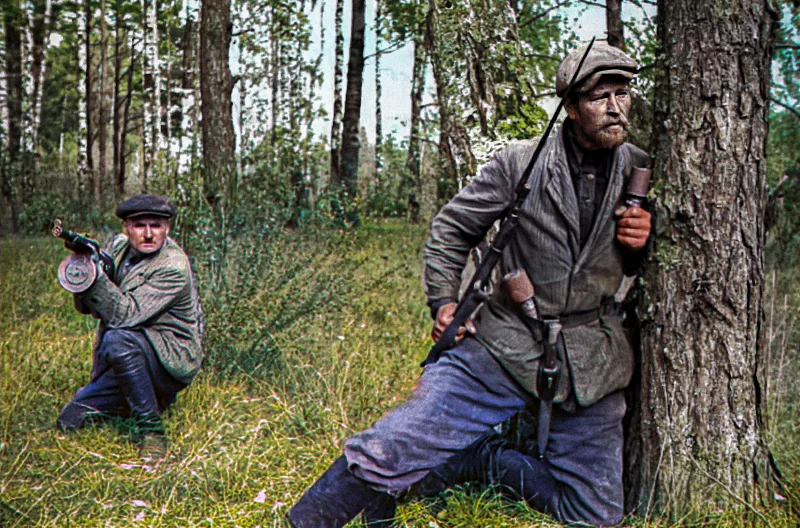 Members of the Bielski partisan group in the forests of Belarus during World War II
