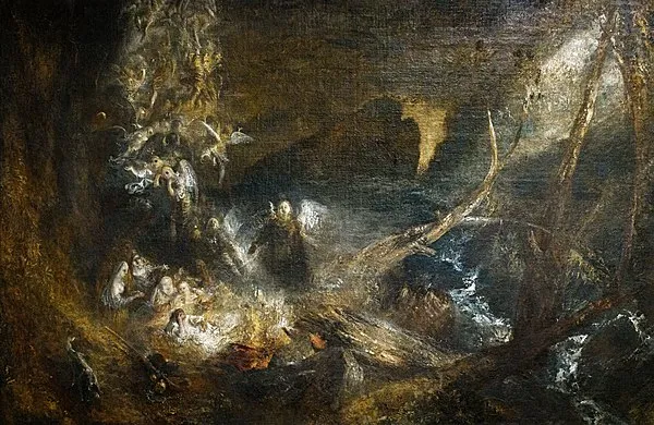 A painting of Jacob's dream showing a ladder with angels ascending to heaven