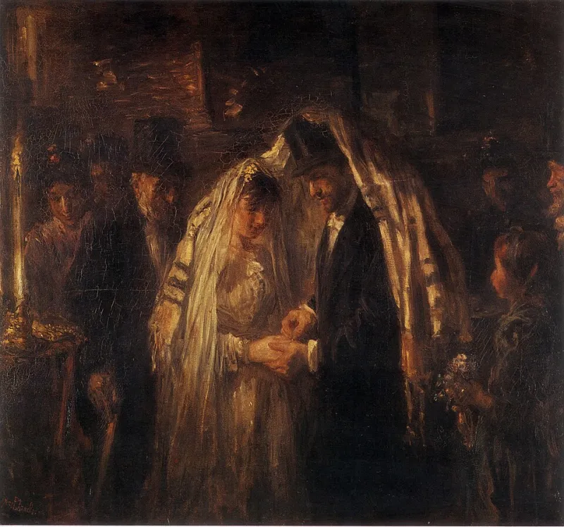 A Jewish wedding ceremony under the chuppah with the bride and groom