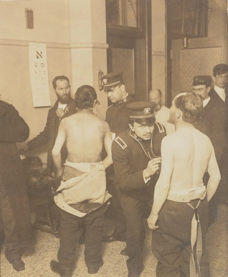 Physicians examining a group of Jewish immigrants arriving in the United States