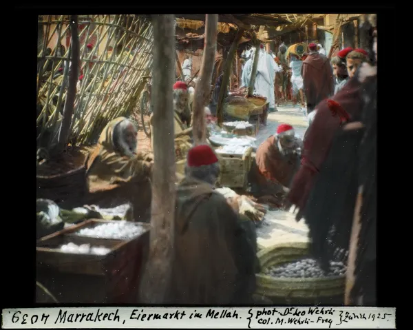 Interior of a historic synagogue in Fez, Morocco, with traditional tilework