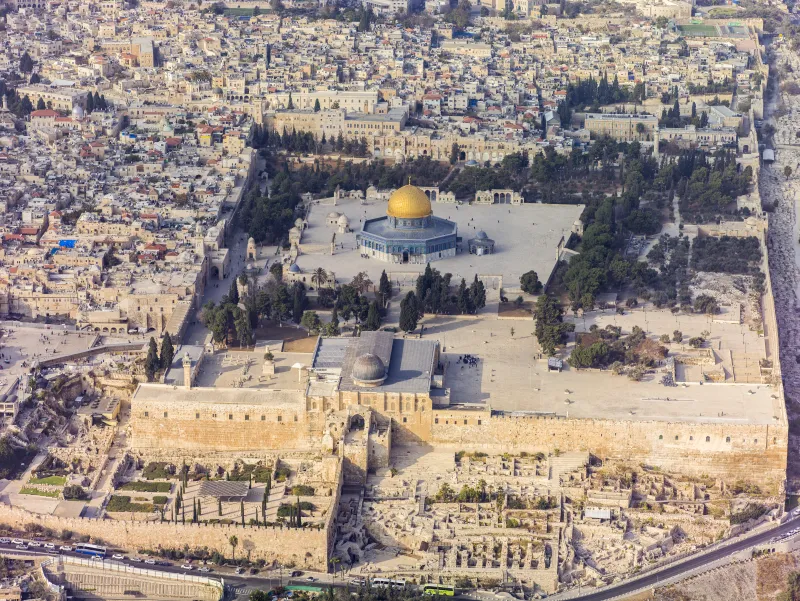 Aerial view of Jerusalem's Temple Mount showing the Dome of the Rock — a site sacred to both Judaism and Islam
