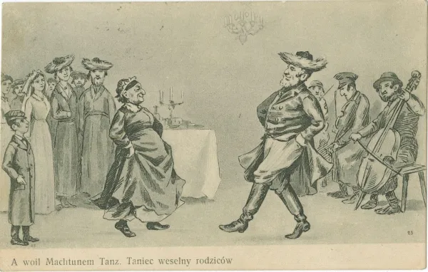 A 1908 postcard depicting a traditional mekhutonim tants (in-law's dance) at an Eastern European Jewish wedding with a klezmer band