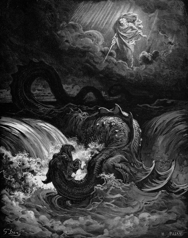 Artistic rendering of Leviathan as a massive sea creature in churning waters