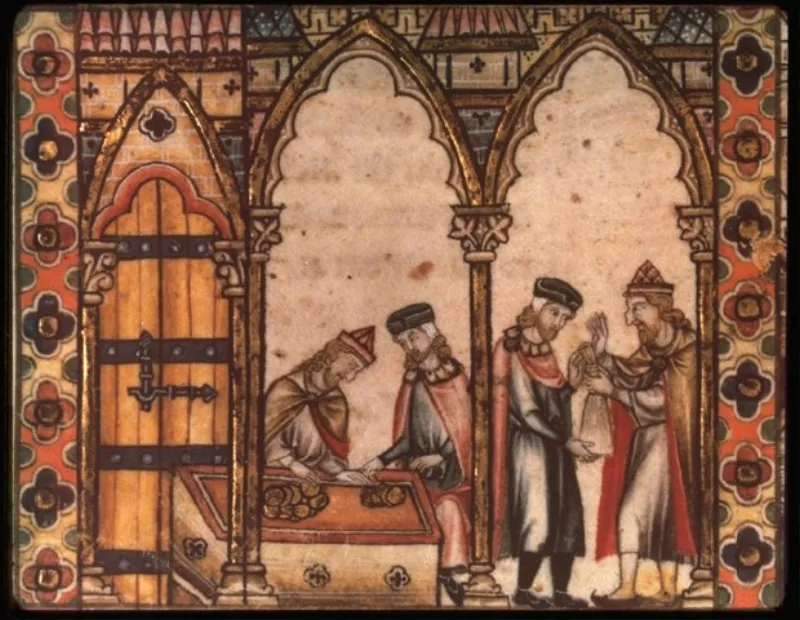 A medieval manuscript illustration depicting Jewish scholars in a European setting