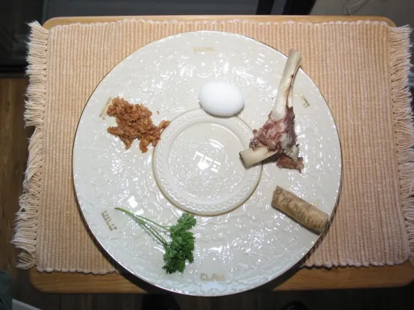 A traditional Seder plate with six symbolic foods
