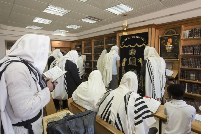 Jewish men praying in a synagogue wrapped in tallitot