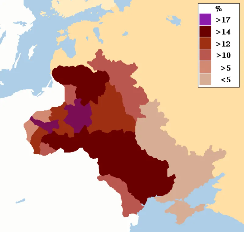 Map of the Pale of Settlement showing areas of Jewish population in the Russian Empire