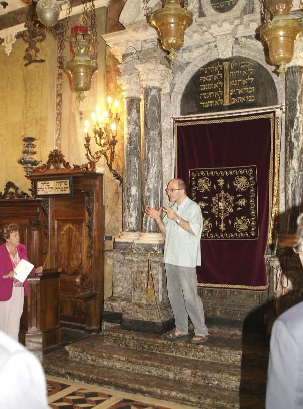 Interior of the Sephardic Synagogue in Padua, Italy, showing the distinctive Sephardic architectural style