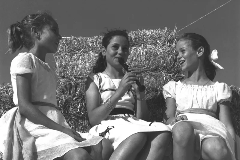 A Shavuot celebration with Torah scroll and flowers decorating the synagogue