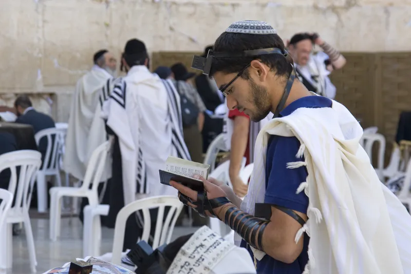 A Jewish man draped in a tallit (prayer shawl) during morning prayers