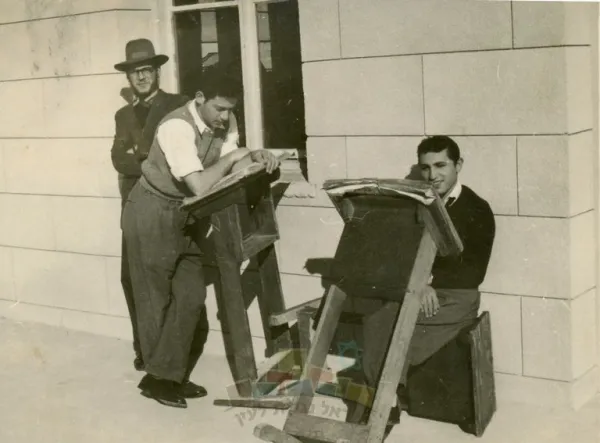 Students studying Talmud in pairs (chavruta) at Ponevezh Yeshiva, 1960