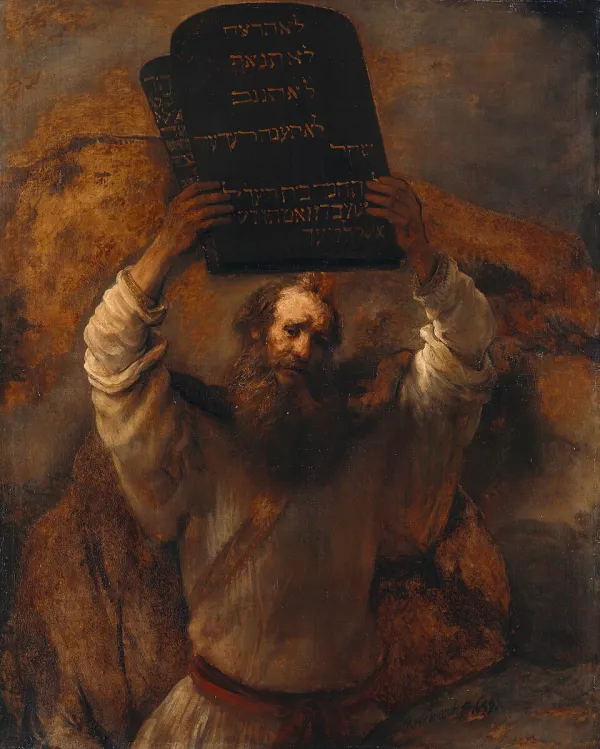 A traditional Jewish illustration of the two tablets with Hebrew text of the Ten Commandments