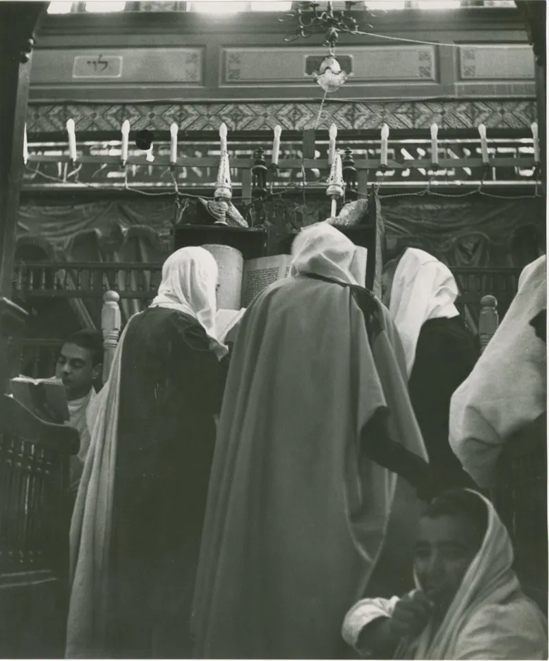 Torah reading inside the synagogue of Djerba, Tunisia, 1952