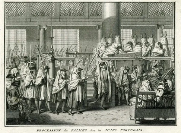 Engraving of Sephardic Jews observing Hoshanah Rabah by Bernard Picart, 18th century