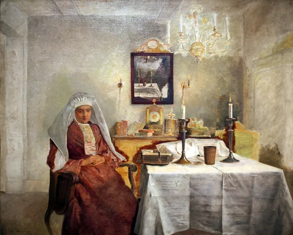 Friday Evening by Isidor Kaufmann — a painting depicting the peaceful atmosphere of Shabbat preparation in a Jewish home