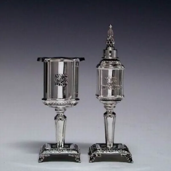 A Havdalah set with spice box, candle holder, and kiddush cup — used in the ceremony ending Shabbat