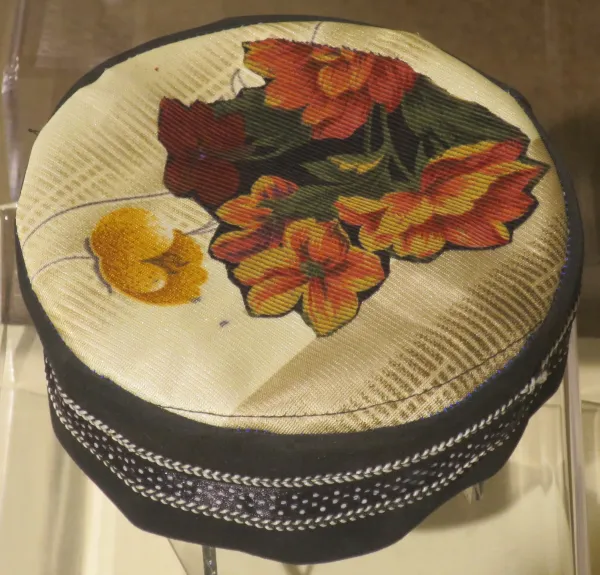 An ornate kippah from a Baghdadi synagogue in India — showing the diversity of Jewish head covering traditions worldwide
