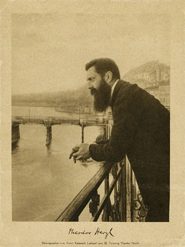 Theodor Herzl on the balcony of the Hotel Les Trois Rois in Basel during the First Zionist Congress, 1897